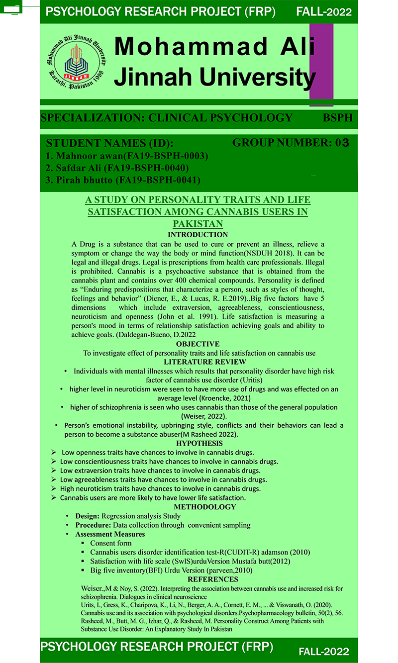 A Study Of Personality Traits And Life Satisfaction Among Cannabis Drug Abusers In Pakistan